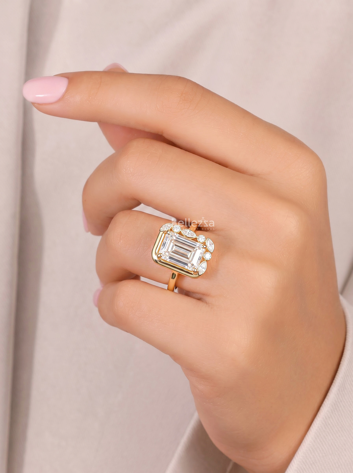2.0CT Emerald Cut Diamond Asymmetrical Accent Engagement Ring