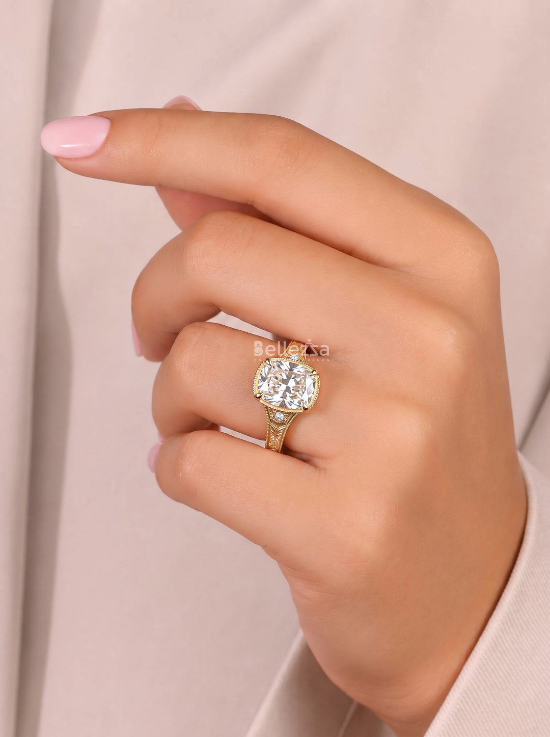 2.50CT Cushion Lab Grown Diamond Engraved Milgrain Engagement Ring