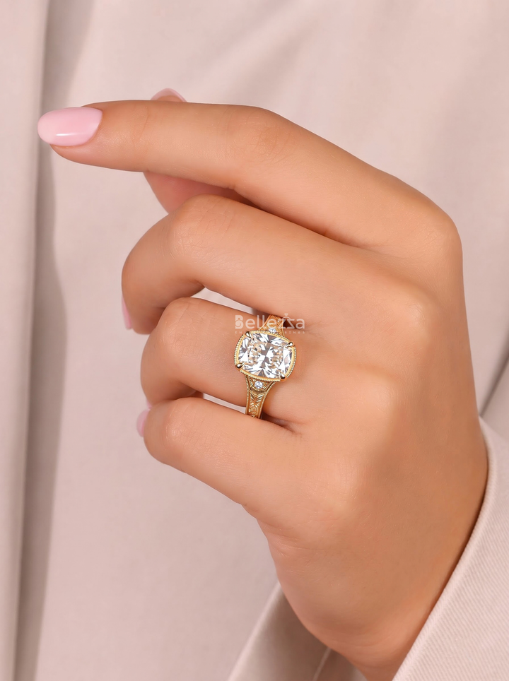 2.50CT Cushion Lab Grown Diamond Engraved Milgrain Engagement Ring