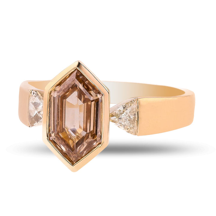 2.0CT Brown Hexagon Diamond Three Stone Wide Band Lab Grown Ring
