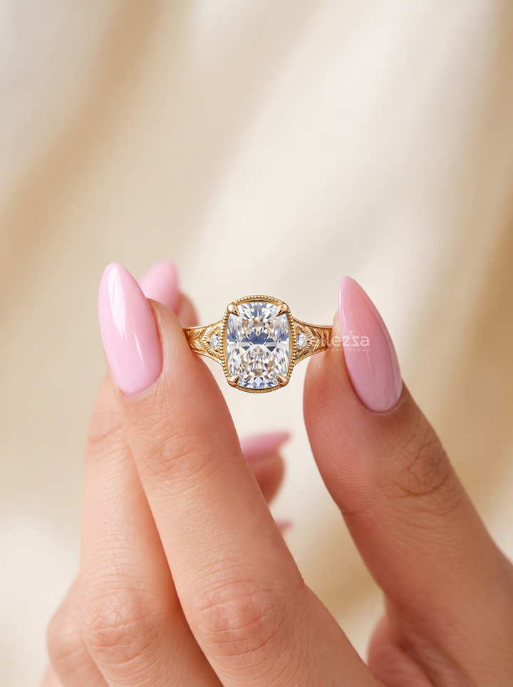 2.50CT Cushion Lab Grown Diamond Engraved Milgrain Engagement Ring