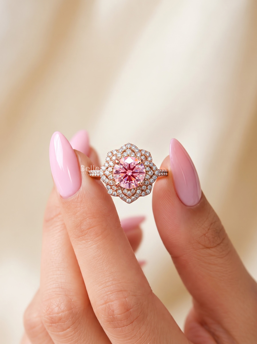 1.0CT Pink Round Lab Grown Diamond Floral Halo Engagement Ring