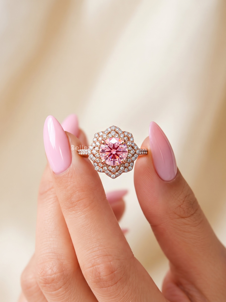 1.0CT Pink Round Lab Grown Diamond Floral Halo Engagement Ring
