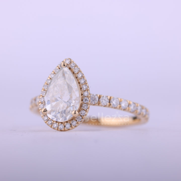 1.0CT Pear Cut Diamond Halo Pave Setting Moissanite Engagement Ring