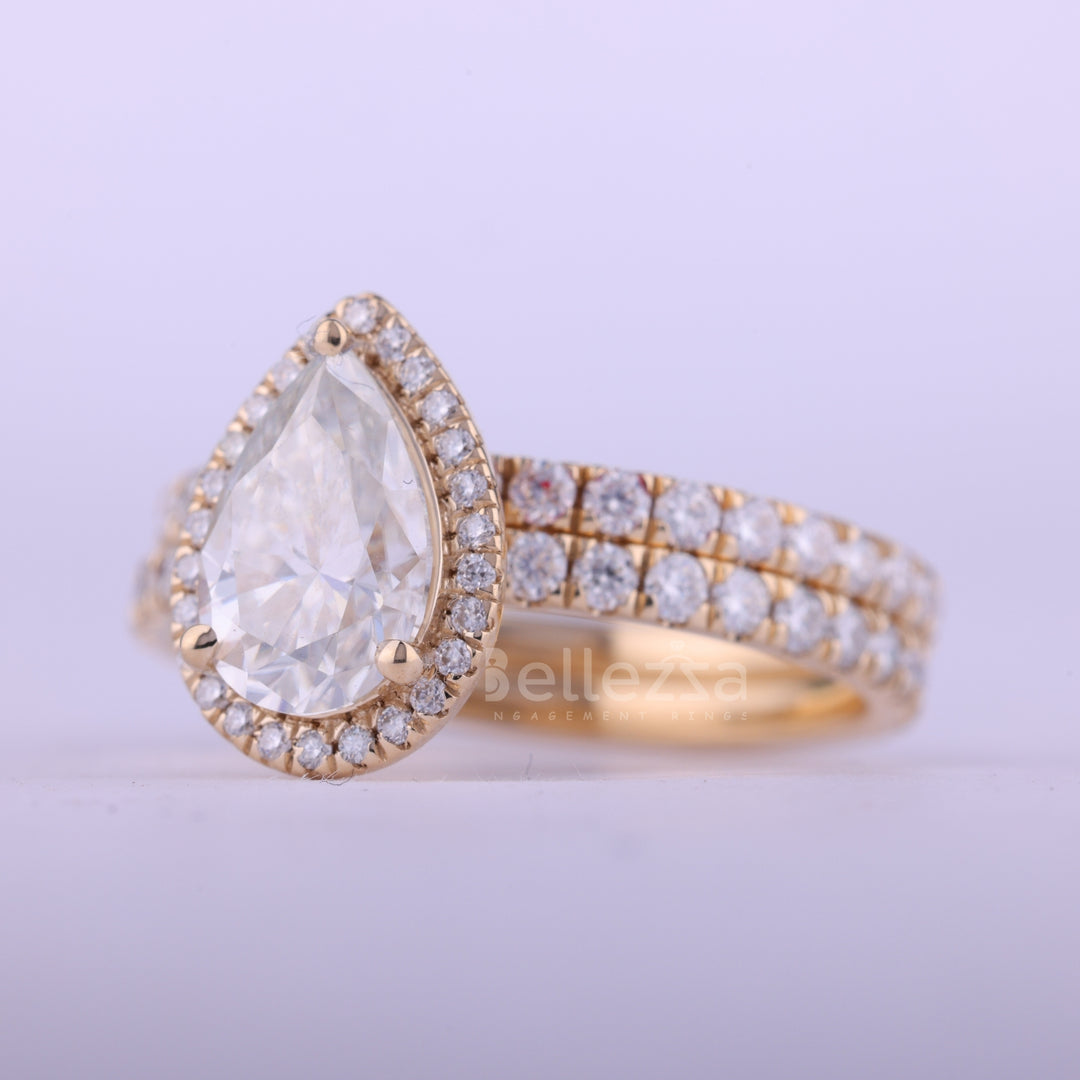 1.0CT Pear Cut Halo Pave Setting Diamond Moissanite Bridal Ring Set