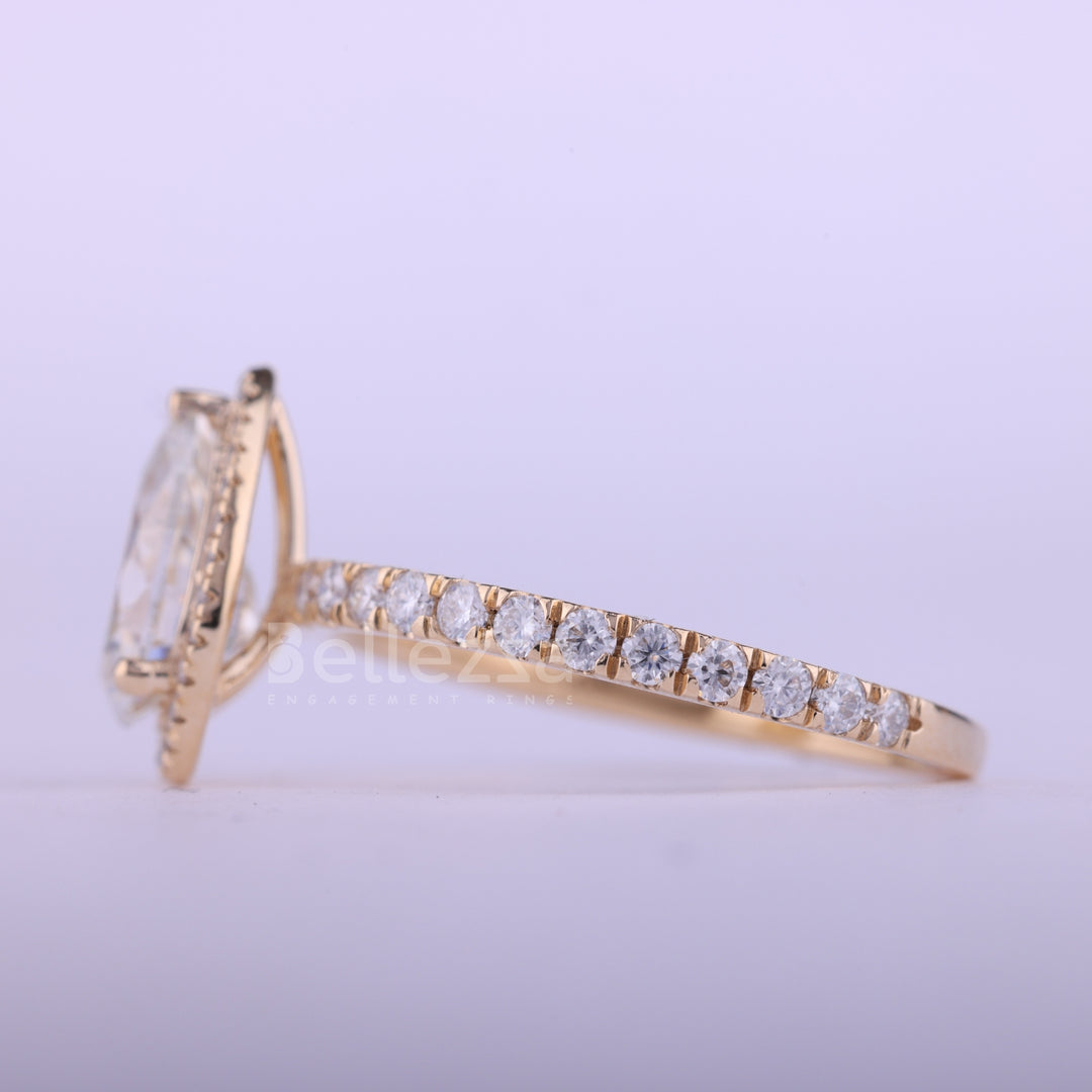 1.0CT Pear Cut Diamond Halo Pave Setting Moissanite Engagement Ring