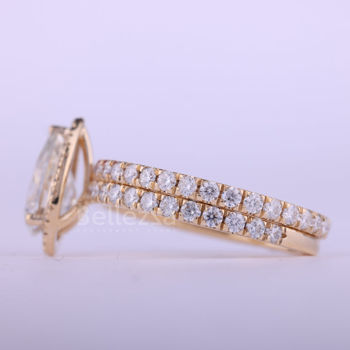 1.0CT Pear Cut Halo Pave Setting Diamond Moissanite Bridal Ring Set