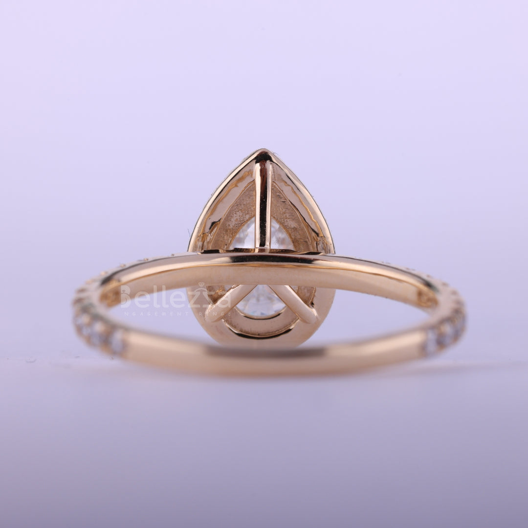 1.0CT Pear Cut Diamond Halo Pave Setting Moissanite Engagement Ring