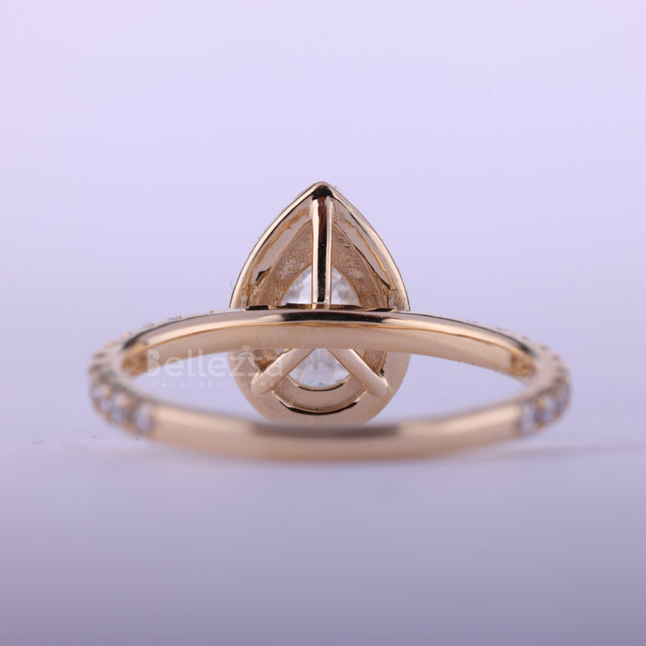 1.0CT Pear Cut Diamond Halo Pave Setting Moissanite Engagement Ring