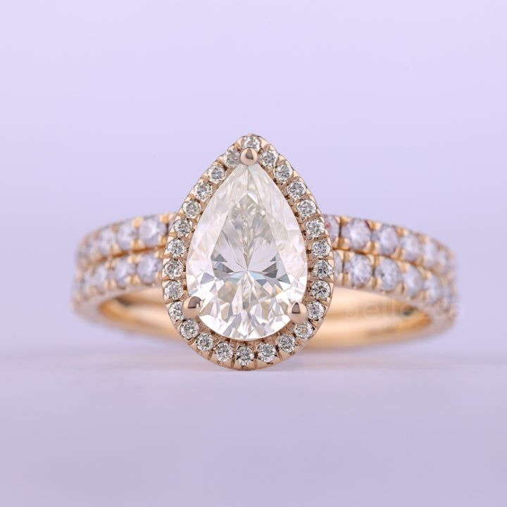 1.0CT Pear Cut Halo Pave Setting Diamond Moissanite Bridal Ring Set