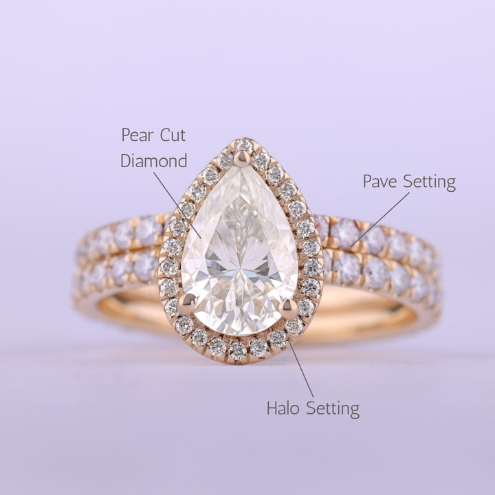 1.0CT Pear Cut Halo Pave Setting Diamond Moissanite Bridal Ring Set