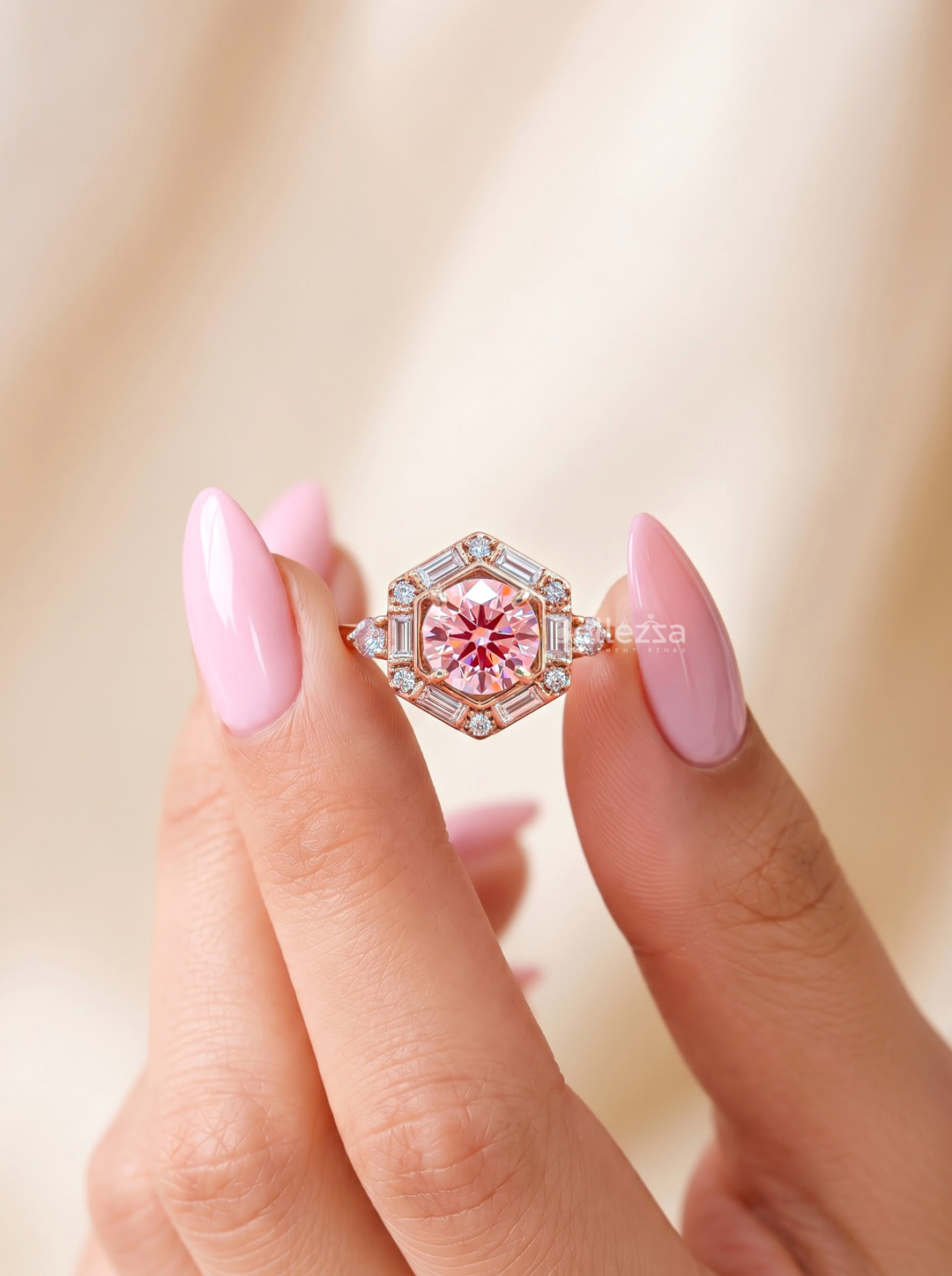 2.0CT Pink Round Lab Grown Diamond Geometric Halo Engagement Ring
