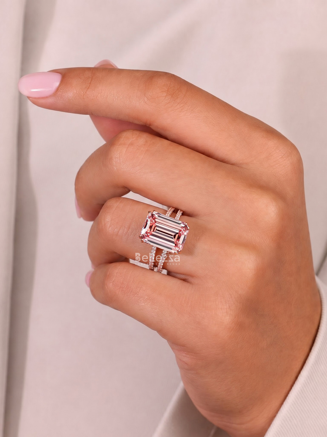 4.0CT Pink Emerald Cut Lab Grown Diamond Double Band Engagement Ring