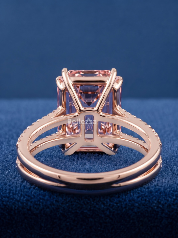 4.0CT Pink Emerald Cut Lab Grown Diamond Double Band Engagement Ring