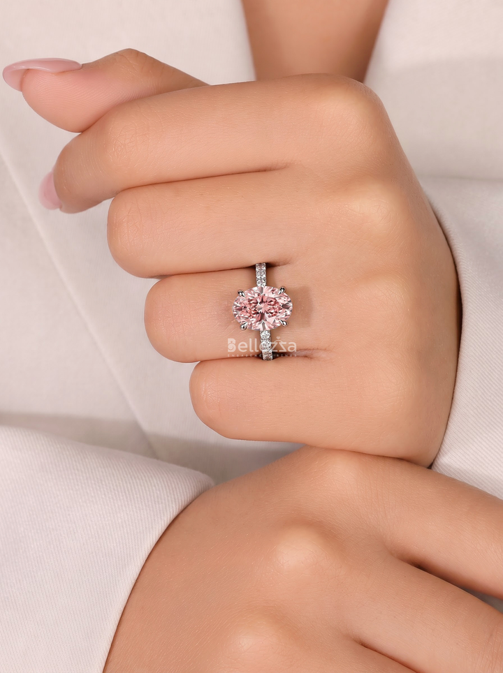1.5CT Pink Oval Diamond Pavé Engagement Ring For Women