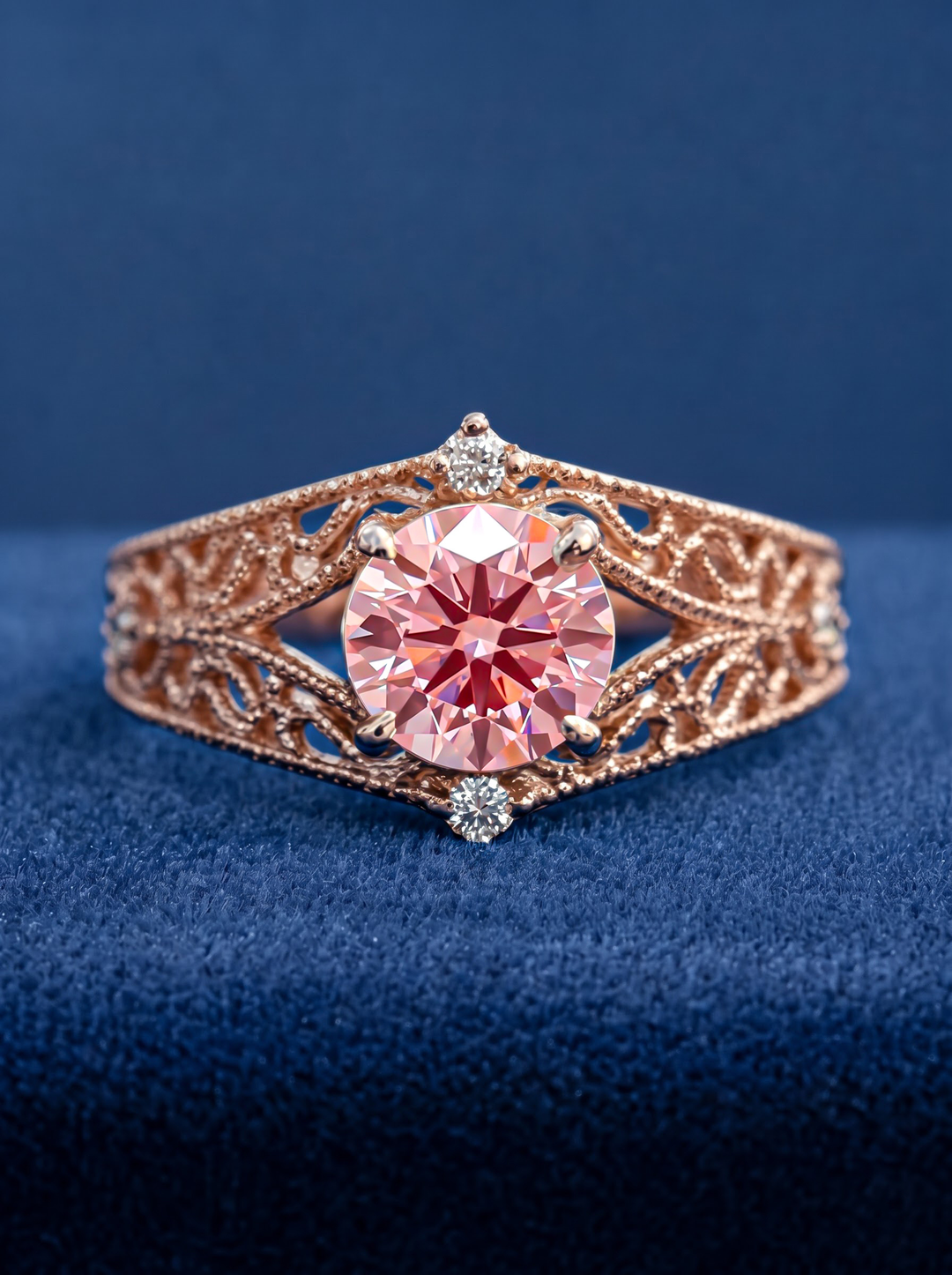 2.0CT Pink Round Lab Grown Diamond Filigree Engagement Ring