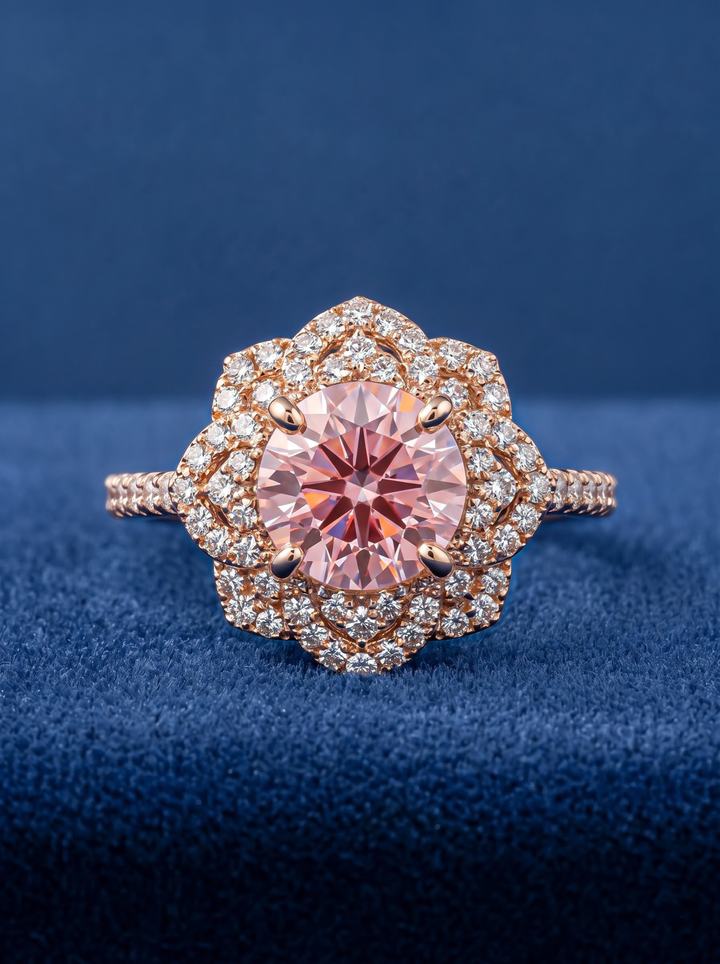 1.0CT Pink Round Lab Grown Diamond Floral Halo Engagement Ring