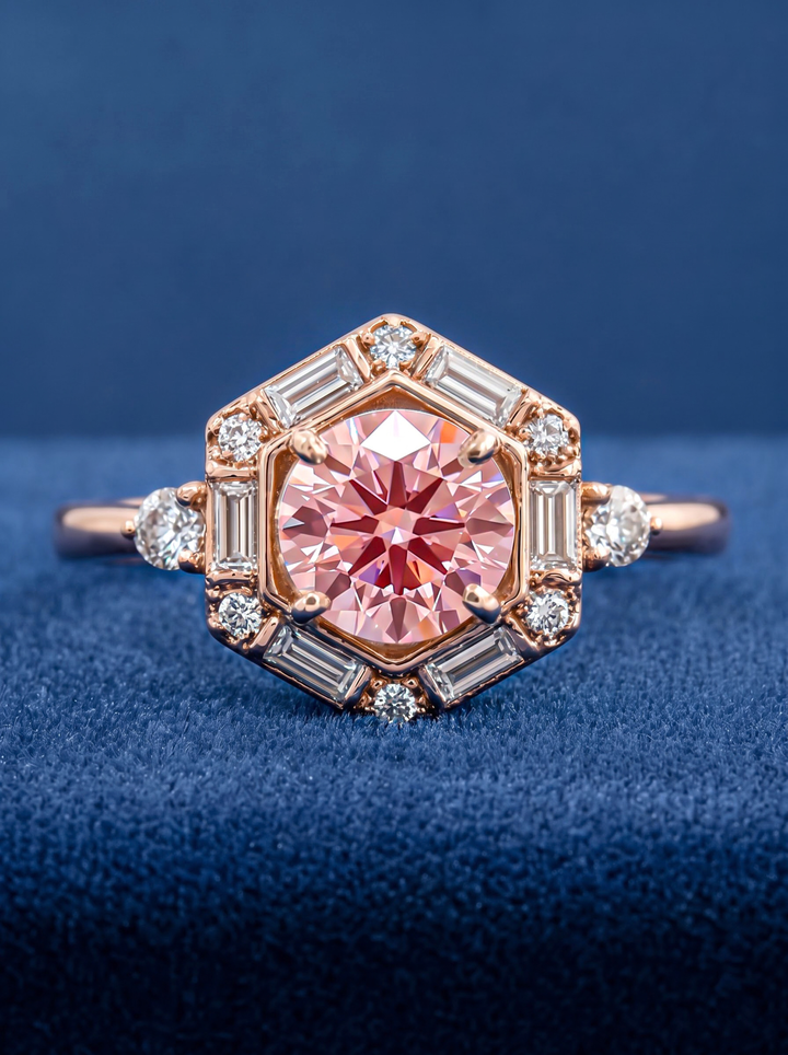 2.0CT Pink Round Lab Grown Diamond Geometric Halo Engagement Ring