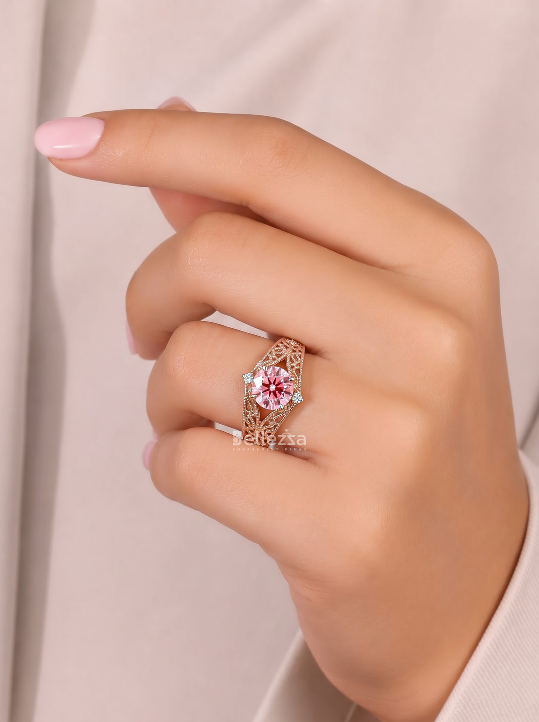 2.0CT Pink Round Lab Grown Diamond Filigree Engagement Ring