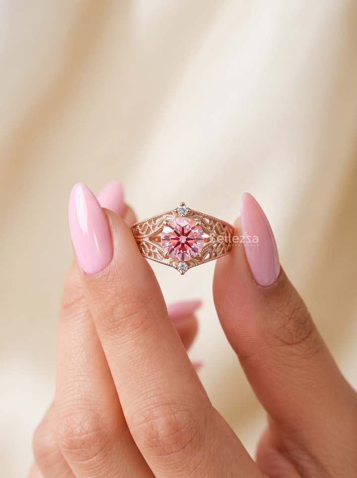 2.0CT Pink Round Lab Grown Diamond Filigree Engagement Ring