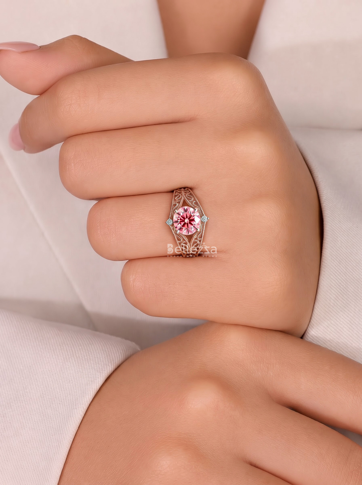 2.0CT Pink Round Lab Grown Diamond Filigree Engagement Ring