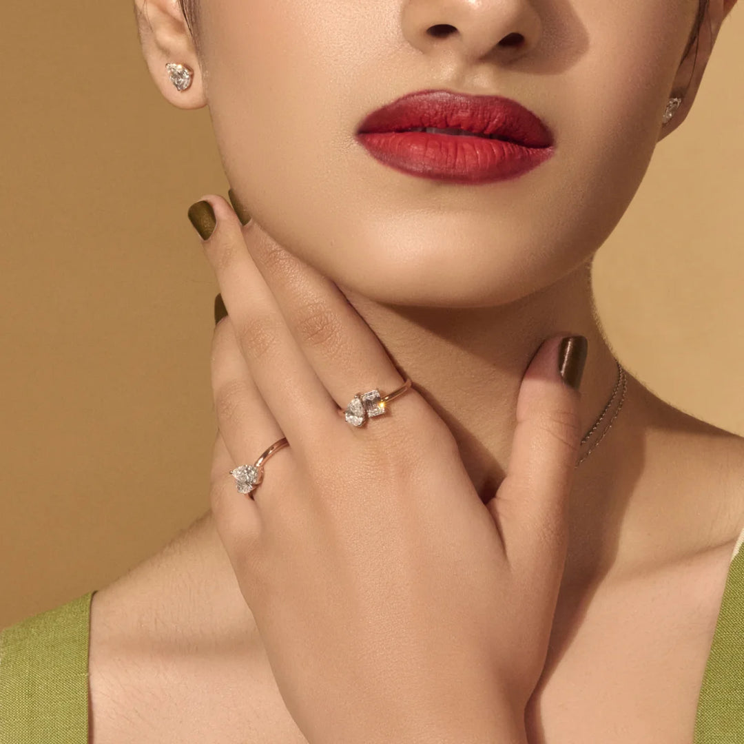 1.5 CT Emerald & Pear Shaped Moissanite Two Stone Engagement Ring