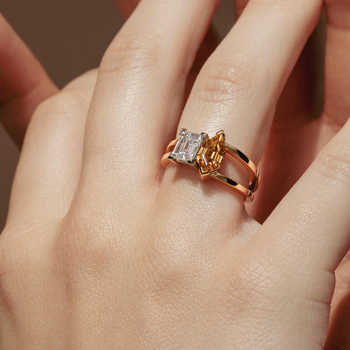 2.0CT Cognac Hexagon & Baguette Diamond Toi Et Moi Lab Grown Engagement Ring