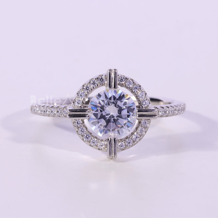 1.0CT Round Cut Halo Pave Setting Moissanite Engagement Ring