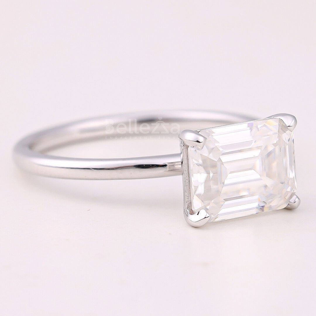 2.0CT East-West Emerald Cut Solitaire Moissanite Engagement Ring