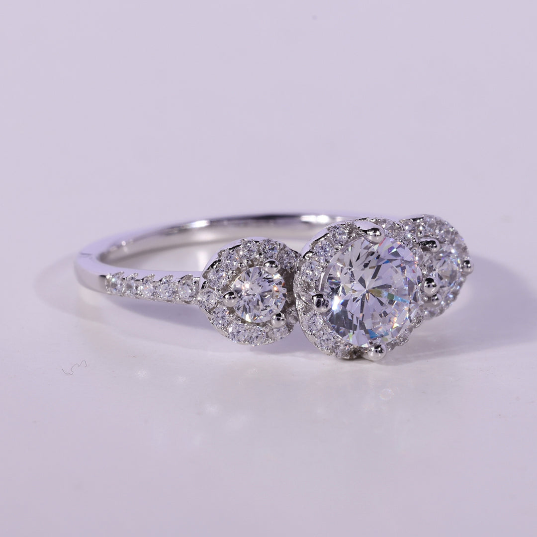0.50CT Round Cut Three Stone Halo Setting Moissanite Engagement Ring