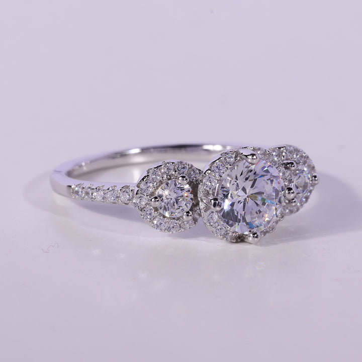 0.50CT Round Cut Three Stone Halo Setting Moissanite Engagement Ring