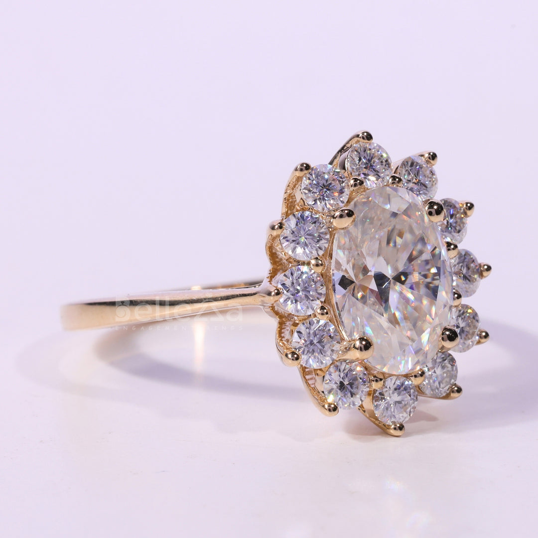 1.0CT Oval Cut Floral Halo Moissanite Engagement Ring
