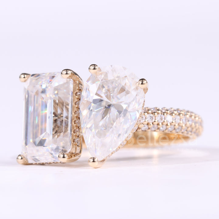 2.0CTW Emerald & Pear Cut Toi Et Moi Three Side Pave Set Engagement Ring