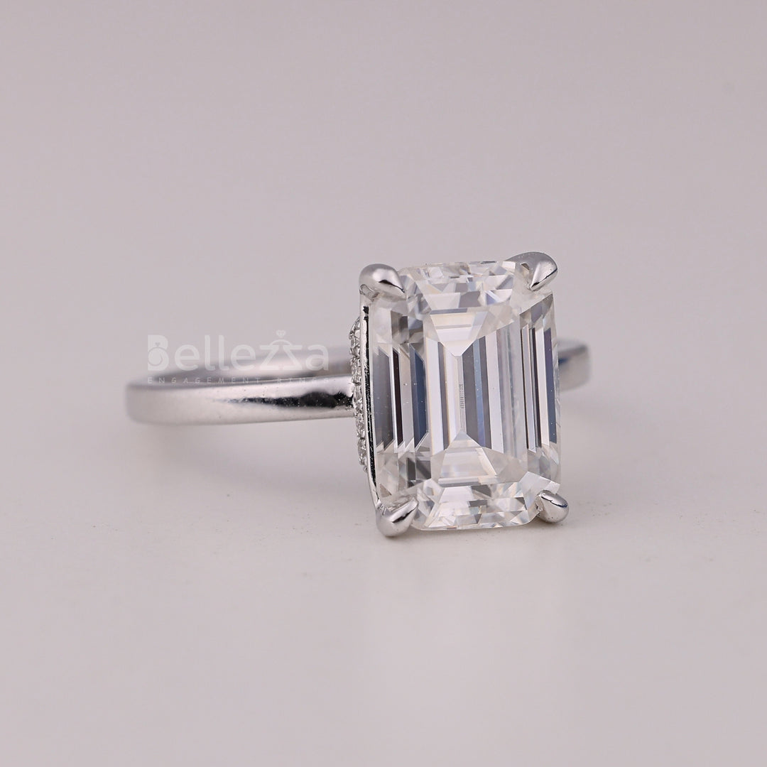 1.50CT Emerald Cut Hidden Halo Moissanite Engagement Ring