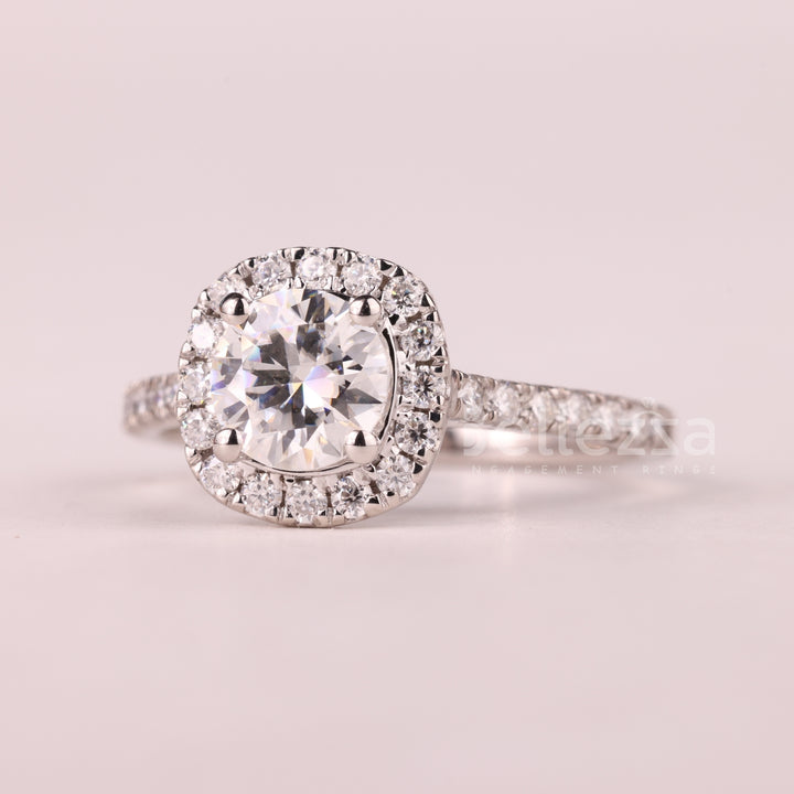 1.0CT Round Cut Halo Pave Setting Moissanite Engagement Ring