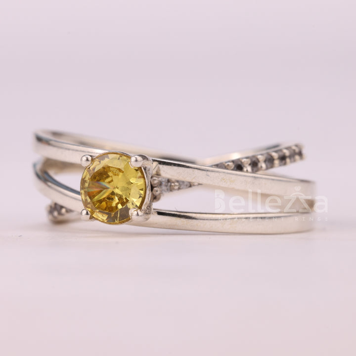 0.7CT Round Cut Yellow Diamond Unique Crossover Engagement Ring