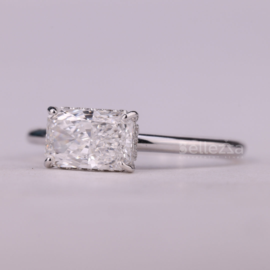 1.0CT East-West Radiant Cut Hidden Halo Moissanite Engagement Ring