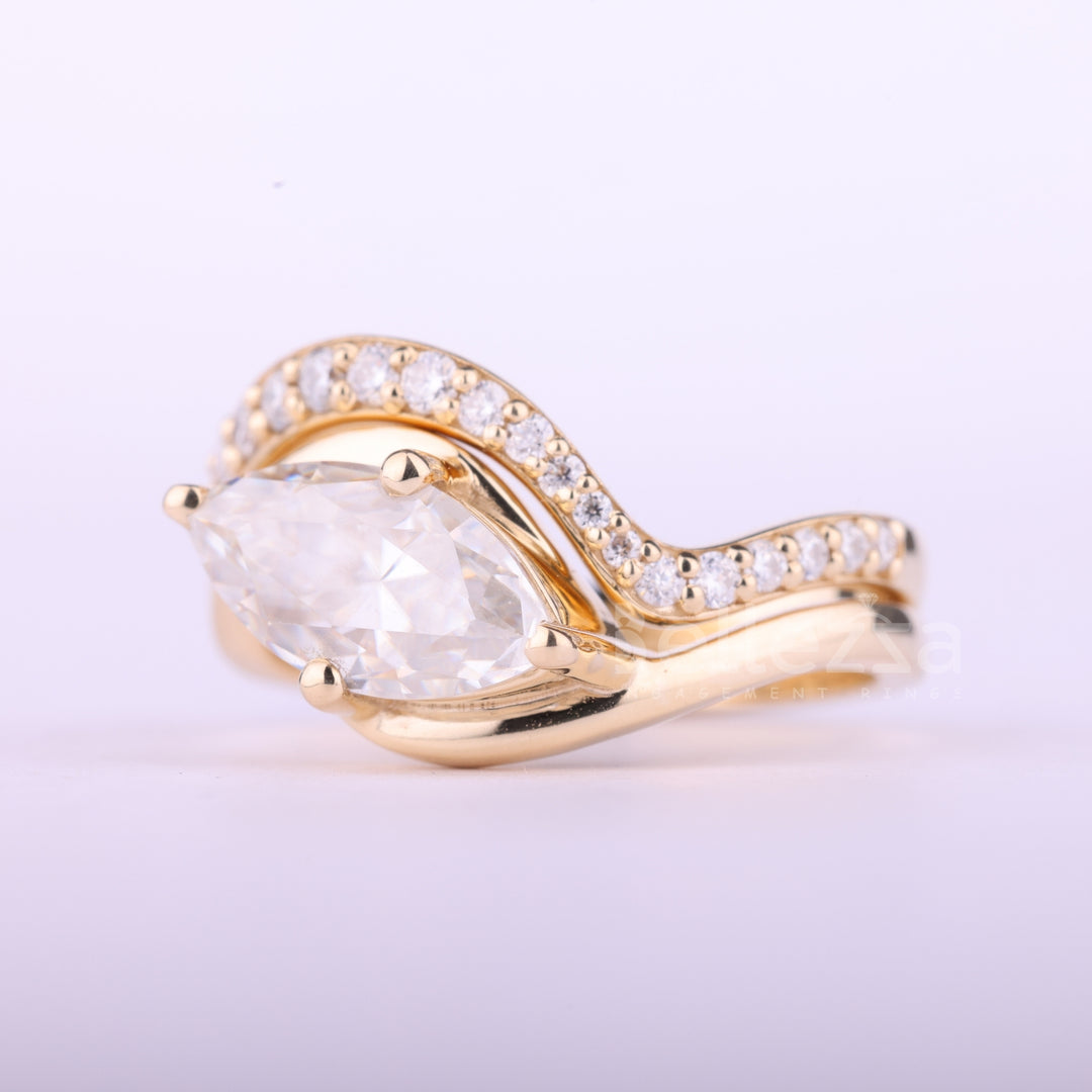 1.50CT East-West Marquise Cut Curved Moissanite Bridal Ring Set