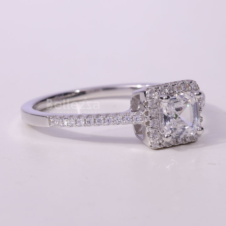 1.0CT Asscher Cut Halo Pave Setting Moissanite Engagement Ring