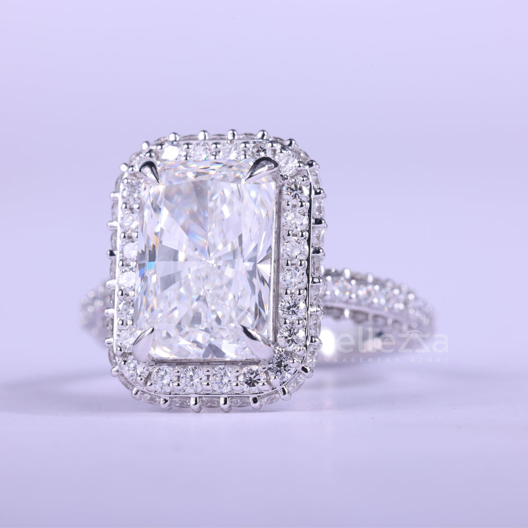 2.0CT Radiant Cut Three Side Pave & Halo Set Moissanite Engagement Ring