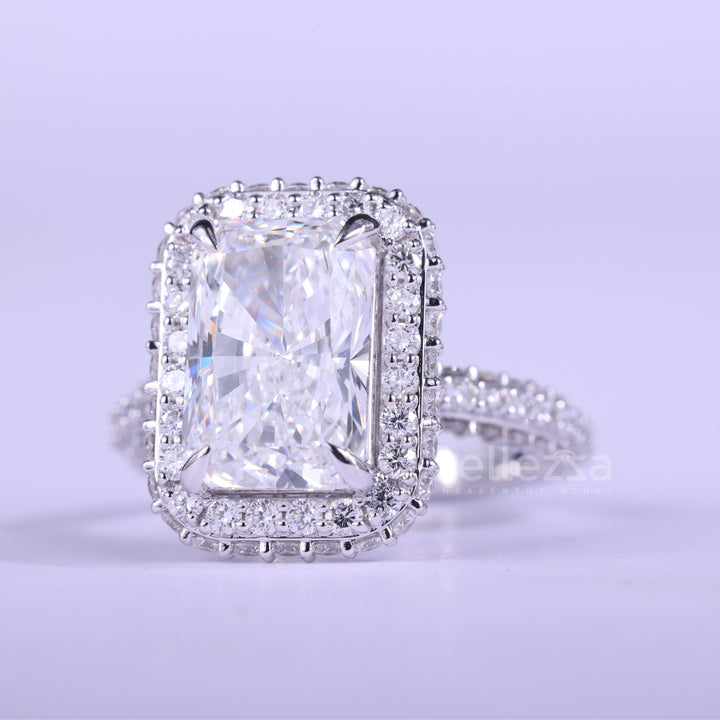 2.0CT Radiant Cut Three Side Pave & Halo Set Moissanite Engagement Ring