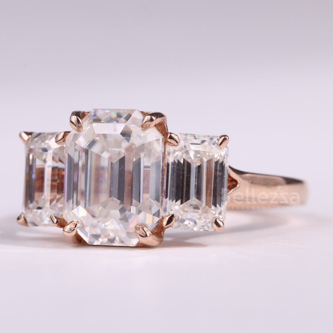 1.50CT Emerald Cut Three Stone Moissanite Engagement Ring