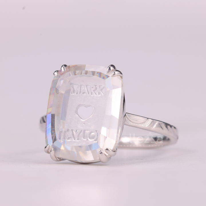 5.0CT Elongated Cushion Cut Unique Engraved Solitaire Engagement Ring