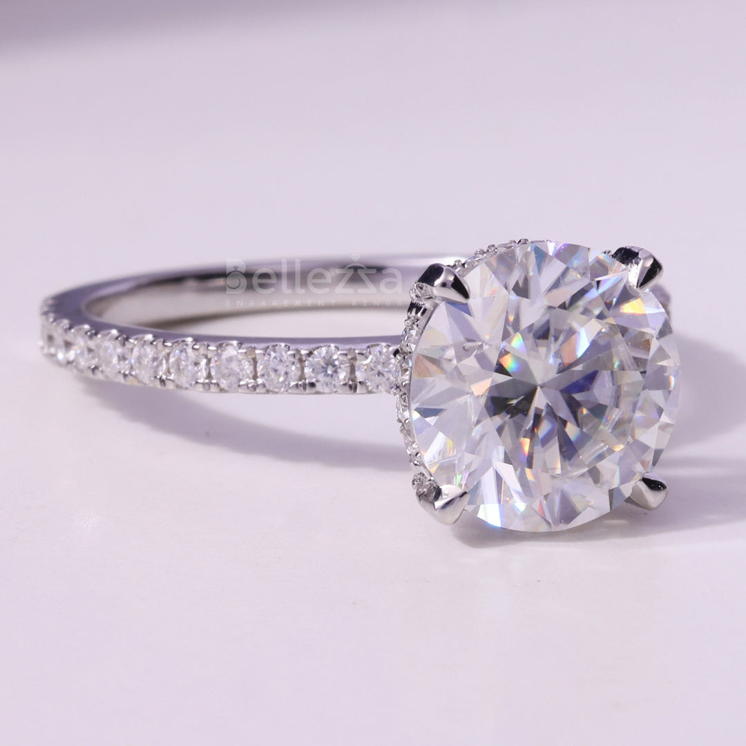 1.0CT Round Cut Hidden Halo Pave Setting Moissanite Engagement Ring