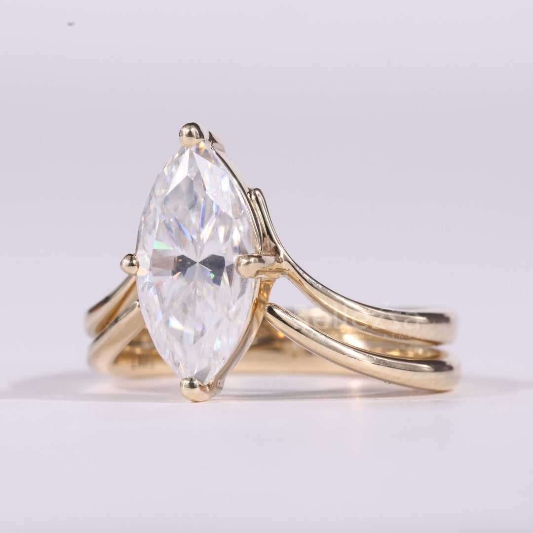 2.0CT Marquise Cut Unique Solitaire Curved Moissanite Bridal Ring Set