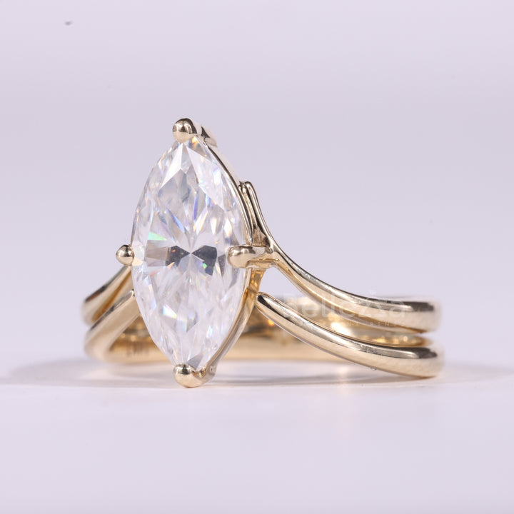 2.0CT Marquise Cut Unique Solitaire Curved Moissanite Bridal Ring Set