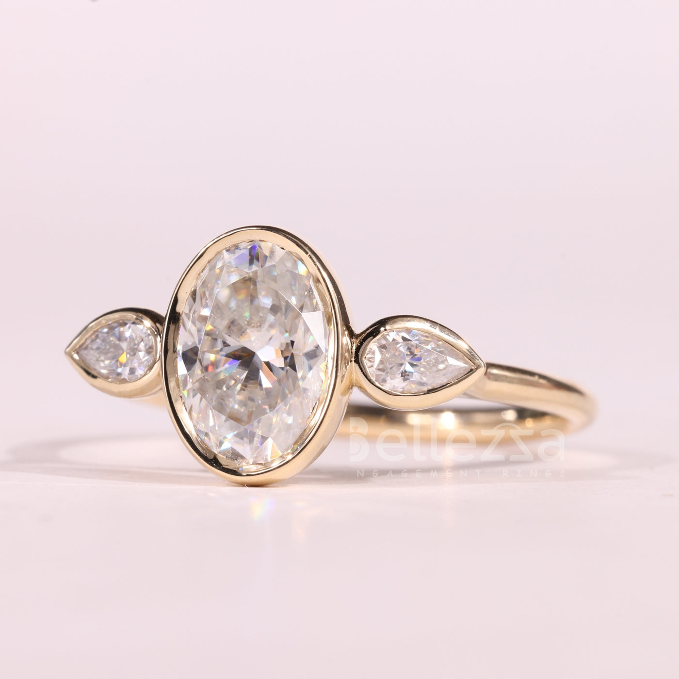 1.50CT Oval Cut Bezel Setting Moissanite Three Stone Engagement Ring