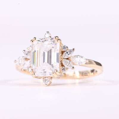 1.00CT Emerald Cut Cluster Diamond Moissanite Engagement Ring