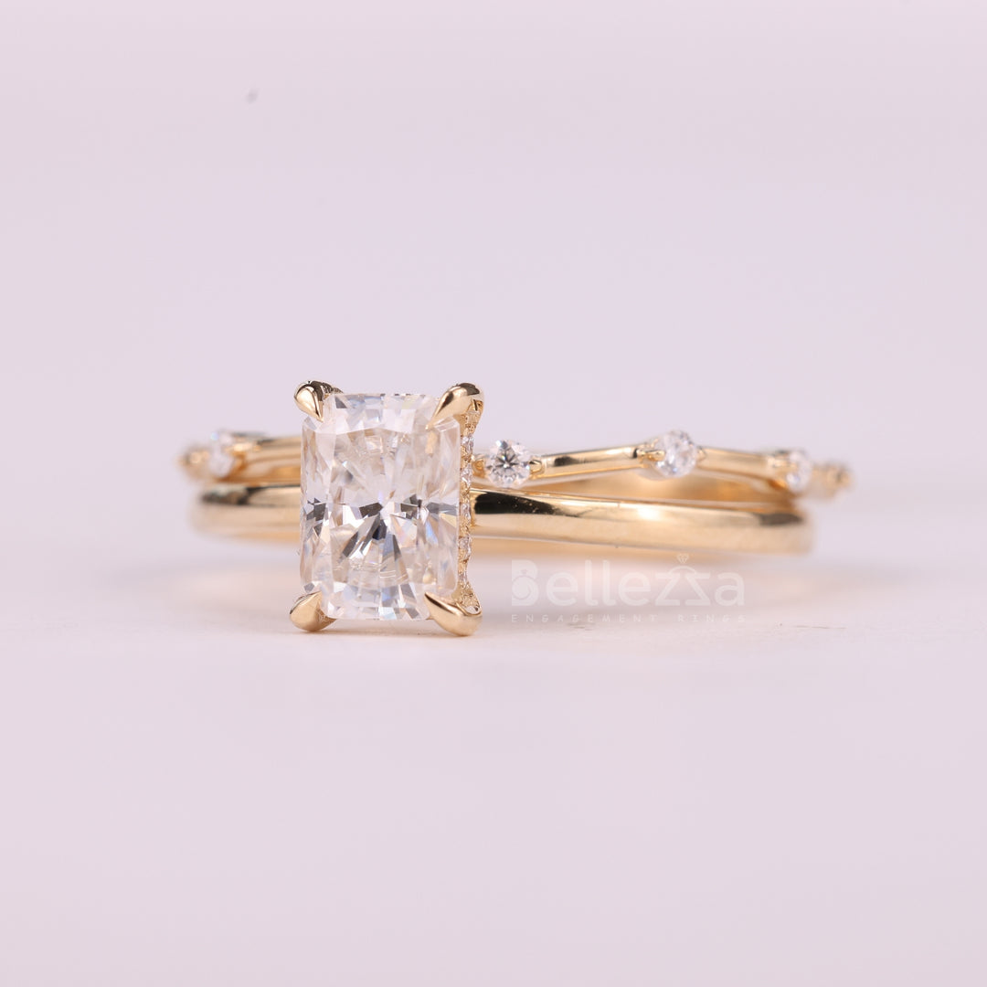 1.0CT Radiant Cut Hidden Halo Moissanite Bridal Ring Set