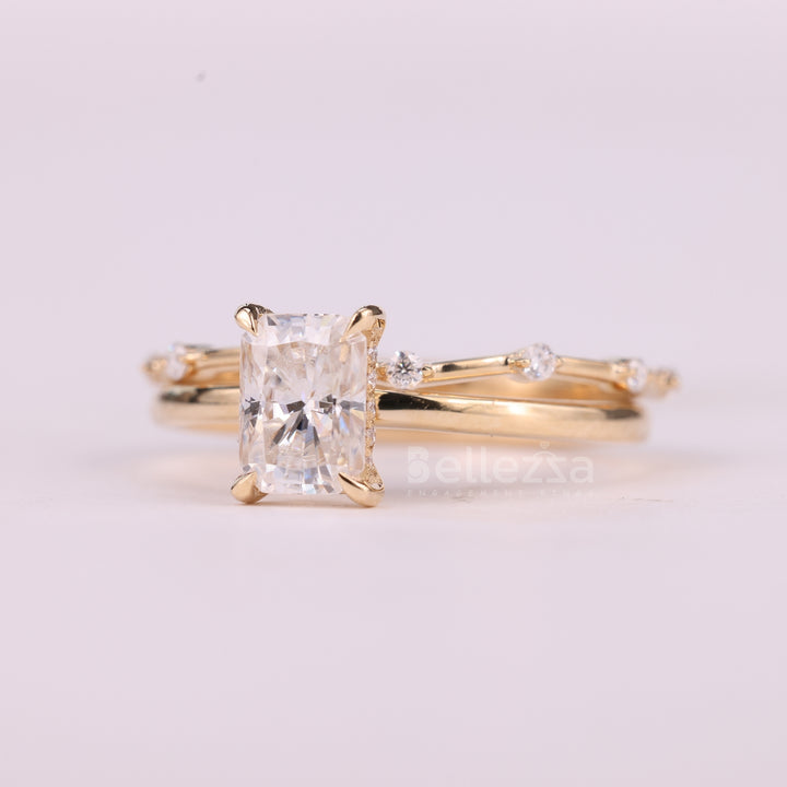 1.0CT Radiant Cut Hidden Halo Moissanite Bridal Ring Set